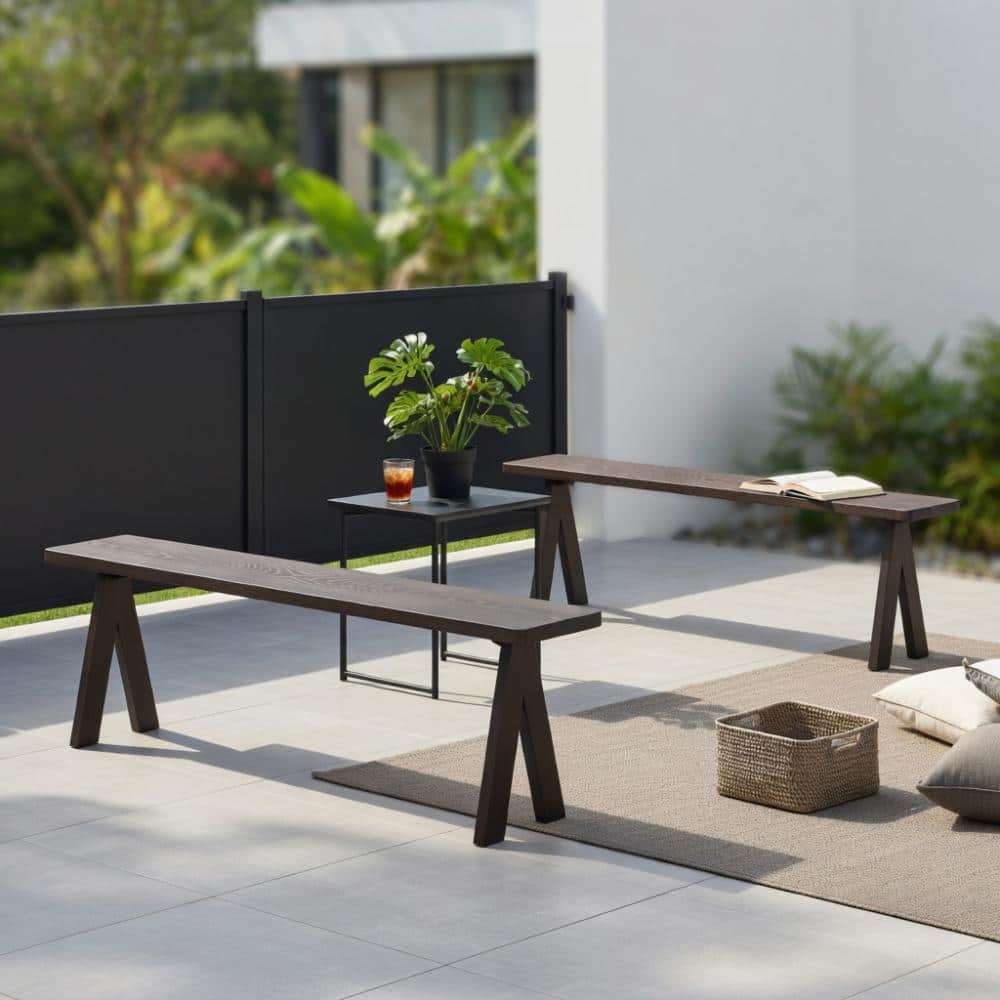Heavy-Duty 3-Person Outdoor Bench Set of 2 – Rust-Resistant Galvanized Iron Patio Benches, 800 lb Capacity, Dark Brown F