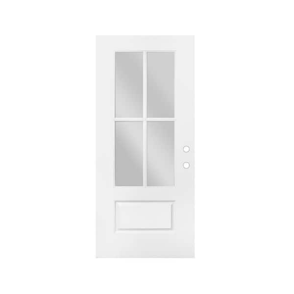 36 in. x 80 in. Left-Hand/Inswing 1 Panel 3/4 Lite 4 Lite Clear Glass Primed White Smooth Fiberglass Front Door Slab