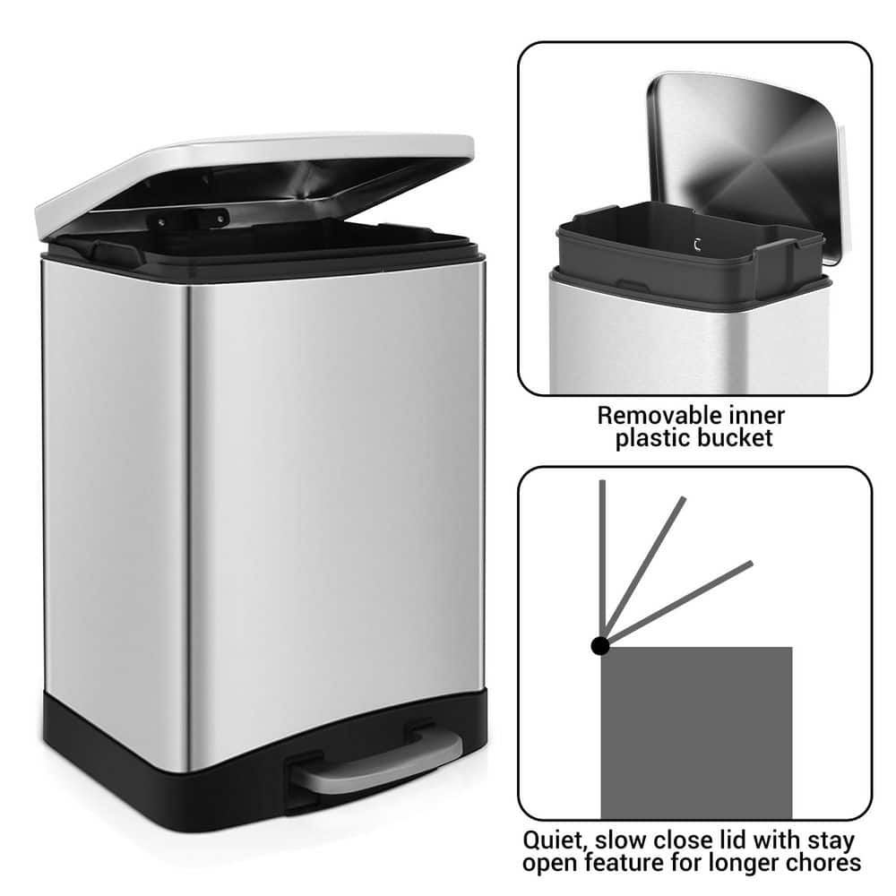 Brushed Stainless Steel Rectangular Step-On Trash Can, 10.6 Gallon