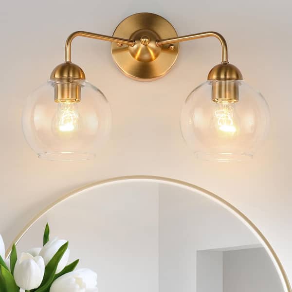 Modern 15.75 in. 2-Light Antique Gold Bathroom Vanity Light,Farmhouse Wall Sconce Over Mirror w/Clear Globe Glass Shades