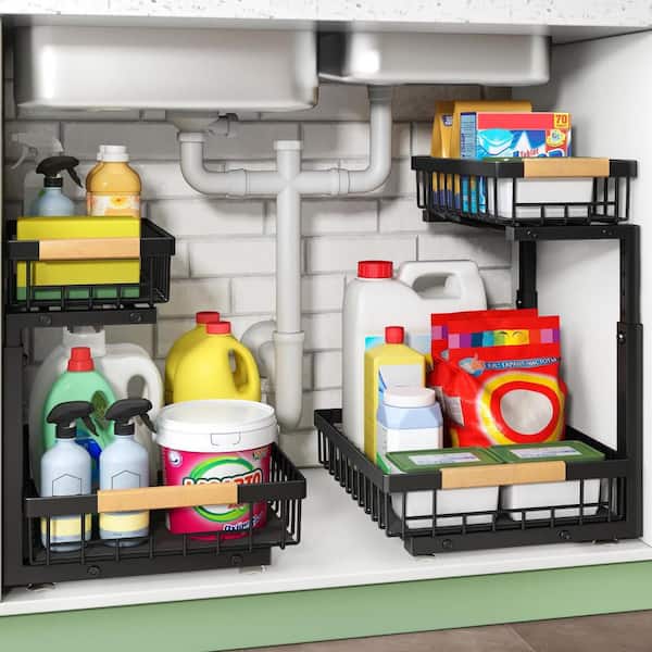 2 Tier Metal Under Sink Organizer with Sliding Drawer for Kitchen Bathroom, Pantry, Cabinet and Closet Organizer(2-Pack)
