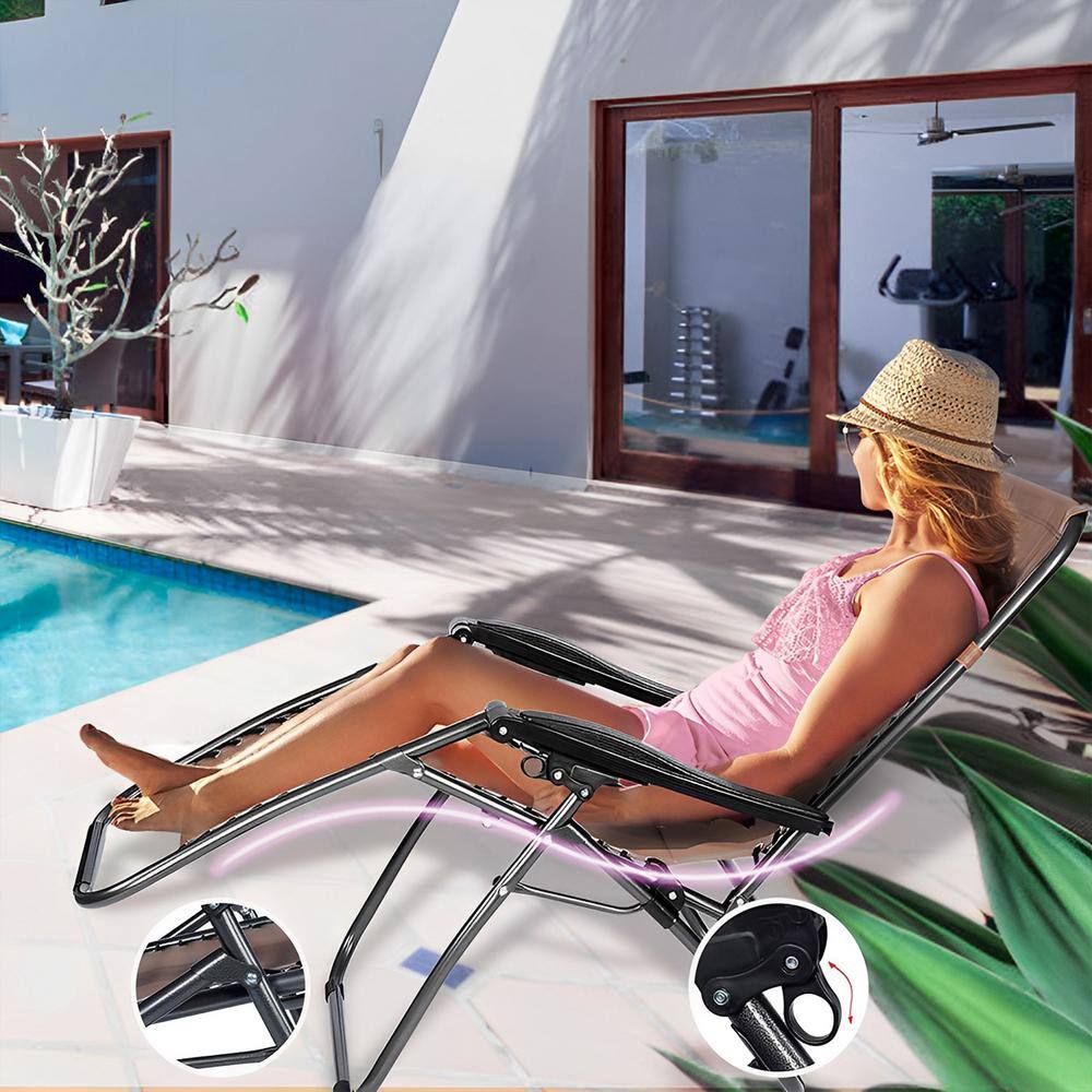 Brown and Black Stainless Steel Zero Gravity Outdoor Chaise Lounge with Cushions
