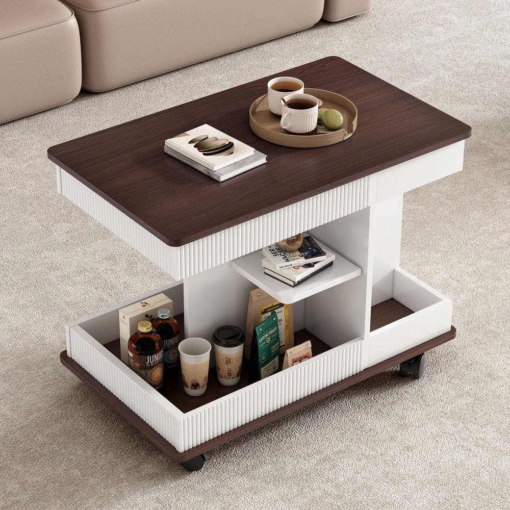 29.5 in. White Rectangle MDF Lift Top End Table, Side Table with 360° Rotating Tabletop Storage & Lockable Caster - thumbnail 3