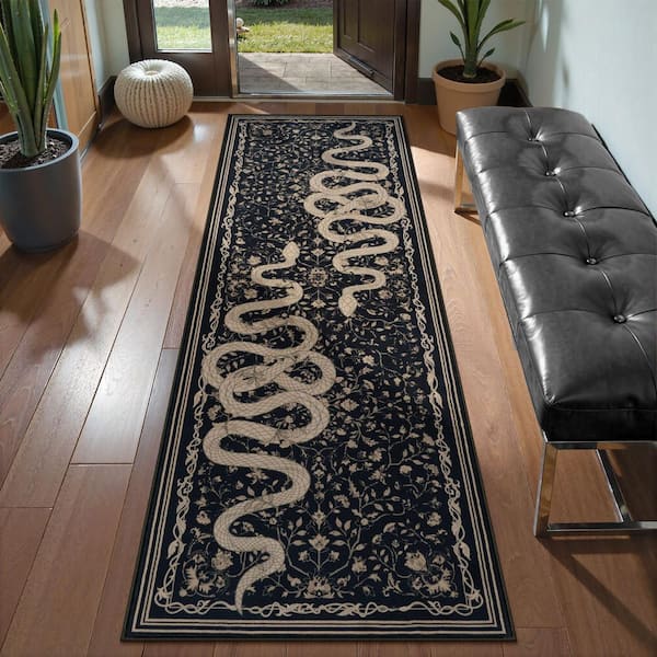 Washable Vintage Snake Pattern Non Slip Black Serpent 2 ft. x 6 ft. Living Room/Bedroom Indoor Runner Area Rug