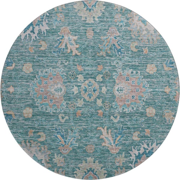 Mayfield Premium Machine Washable Abstract AMF2104 Teal 8 ft. x 8 ft. Round Rug