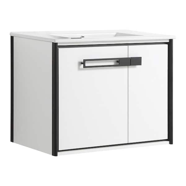 FINE FIXTURES Oakville 30 in. W x 18 in. D x 23.25 in. H Wall Mounted Bathroom Vanity in Matte White with White Ceramic Sink Top