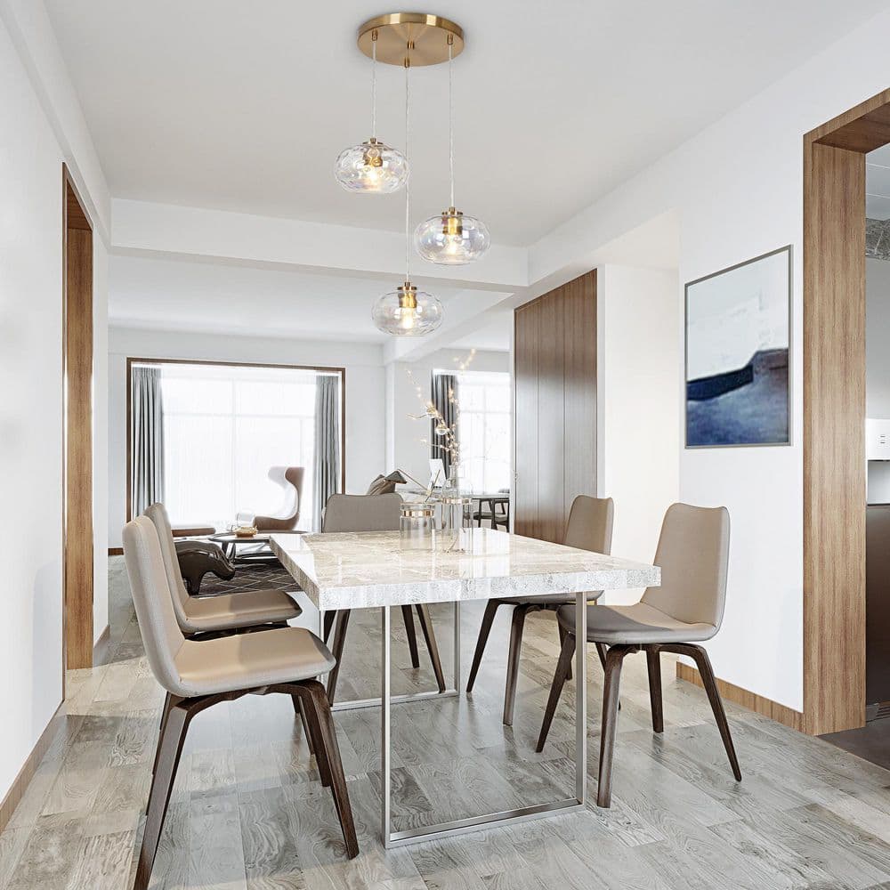 Modern Brass and Crystal 3-Light Cluster Pendant Chandelier