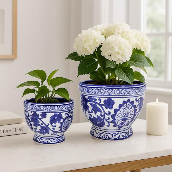 Sagebrook Home 5 x 7 in. Ceramic Bowl Chinoiserie Planters Blue & White - Set of 2