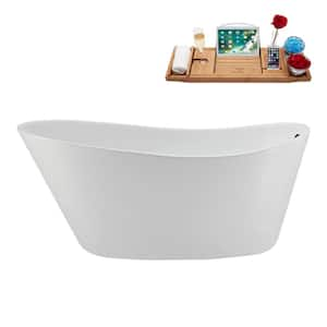 59 in. x 28 in. Acrylic Freestanding Soaking Bathtub in Glossy White with Matte Black Drain, Bamboo Tray