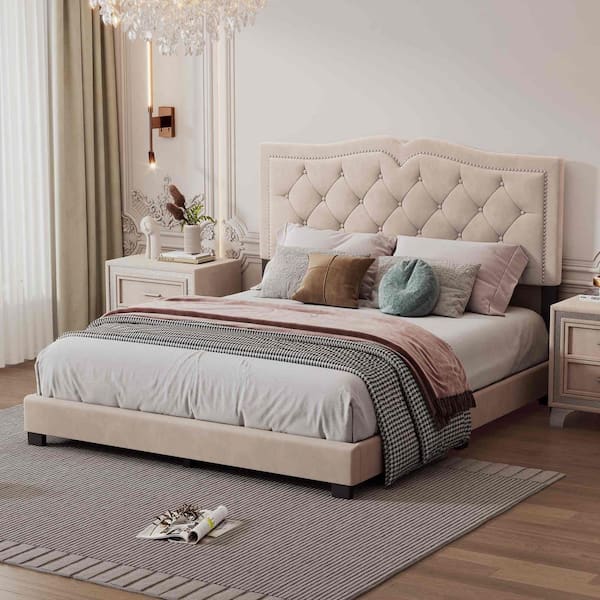 Beige Wood Frame Queen Size Platform Bed with Rivet Design, Tufted Headboard