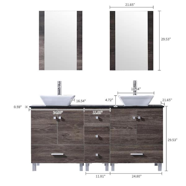 Wonline 60 in. Brown Bathroom Sink Vanity with Black Glass Top Large Capacity Lockers Bathroom Vanity Combo with Mirror