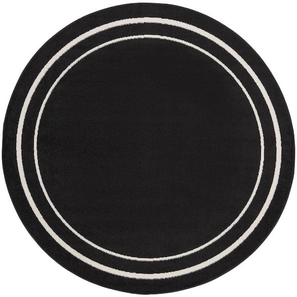 Nourison Essentials Black Ivory 8 ft. x 8 ft. Round Solid Contemporary Indoor/Outdoor Area Rug