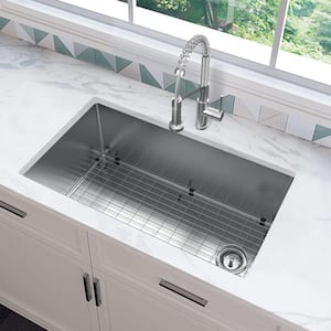 AIO Tight Radius Undermount 18G Stainless Steel 36 in. Single Bowl Kitchen Sink with Offset Drain and Spring Neck Faucet