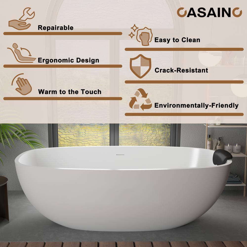 71'' Matte White Freestanding Soaking Tub with Black Pillow