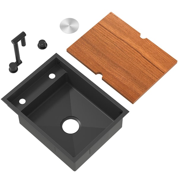 21 in. Undermount Single Bowl 16-Gauge Matte Black Stainless Steel Hidden Utility Kitchen Bar Sink w/Folding Faucet