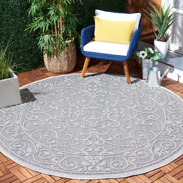 Global Blue/Gray 7 ft. x 7 ft. Ornate Border Solid Indoor/Outdoor Round Area Rug