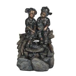 Polyresin Bronze Children and Dog Outdoor Fountain with LED Light