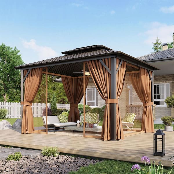 12 ft. x 10 ft. Steel Frame Double Metal Roof Gazebo with Hooks, Curtains, and Netting