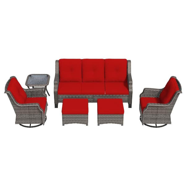 6-Pieces Wicker Outdoor Patio Furniture Set Rattan Chair Wicker Set with Red Cushion