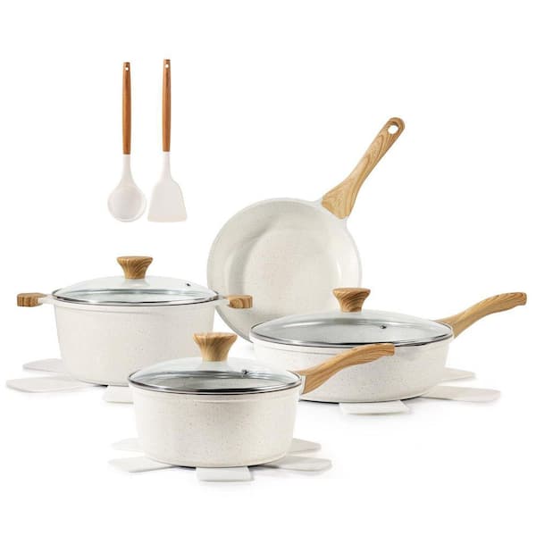 Nonstick Ceramic Cookware Set 13-Piece Beige White Ceramic Induction Compatible Stay-Cool Handles Set