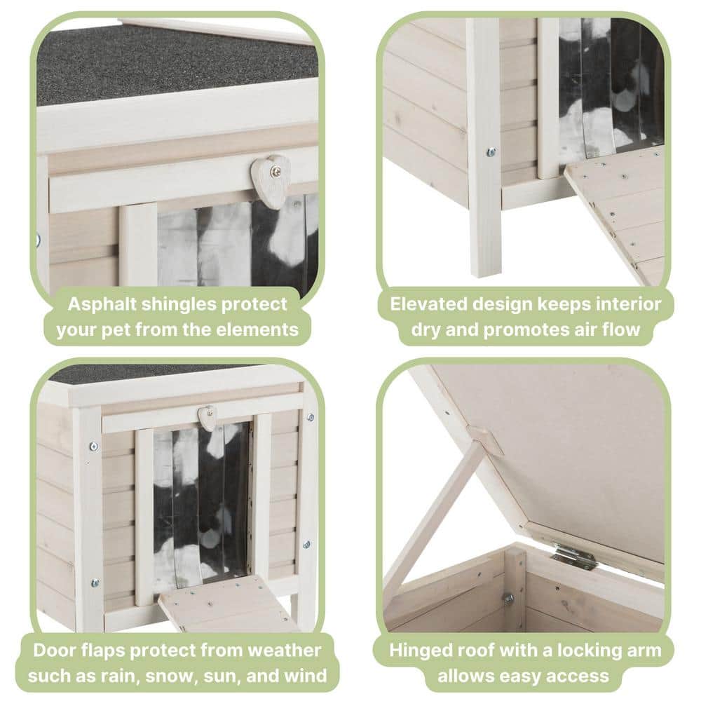 Light Gray Pine Wood Outdoor Cat House with Hinged Roof