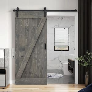 30 in. x 84 in. Z Series Weather Gray Stained Knotty Pine Wood Interior Sliding Barn Door with Hardware Kit and Handle