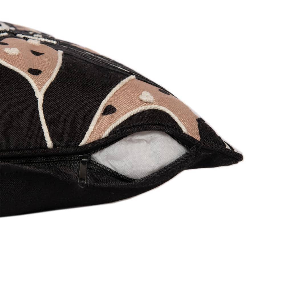20" Beige and Black Embroidered Floral Polyester Throw Pillow
