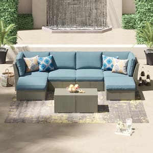 Grey 8-Piece Hand-woven Resin Wicker Blue Cushion Outdoor Furniture Set