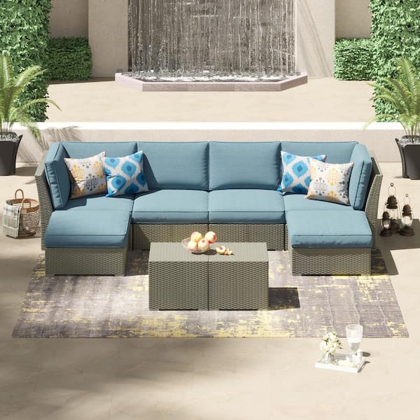 CORVUS Grey 8-Piece Hand-woven Resin Wicker Blue Cushion Outdoor Furniture Set