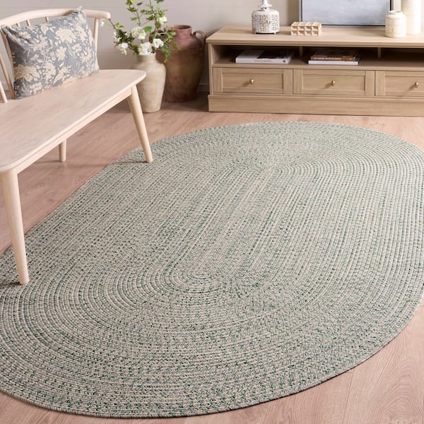 Braided 5 ft. x 8 ft. Oval Ivory/Green Concentric Woven Washable Area Rug