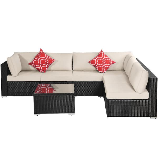 Tunearary 110 in. Brown Wicker Outdoor Patio Sectional Sofa Set with Pillows Table Beige Cushion