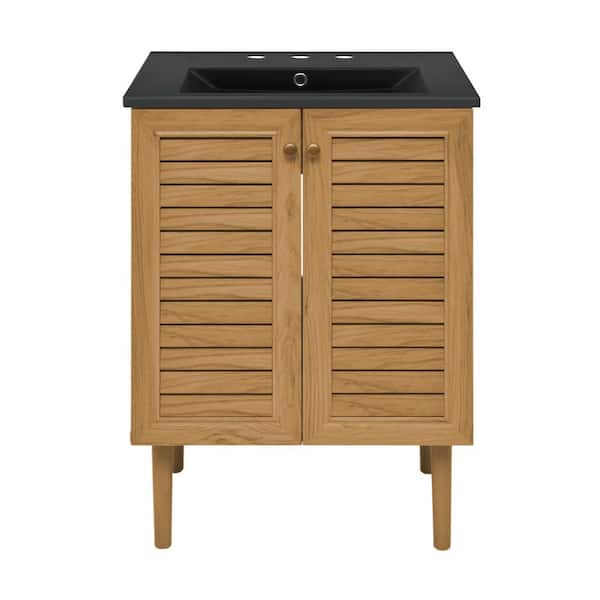 Swiss Madison Bron 24 in. Bathroom Vanity in Brown Oak with Black, 3-Hole Ceramic Sink Top