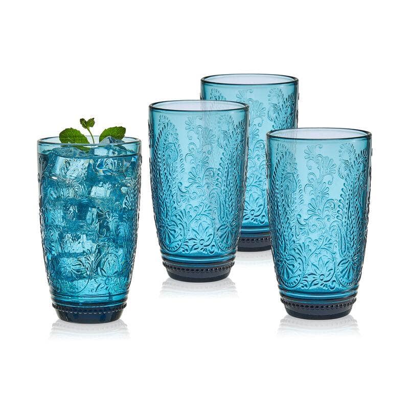 Indigo Blue Embossed Floral Highball Glass Set of Four