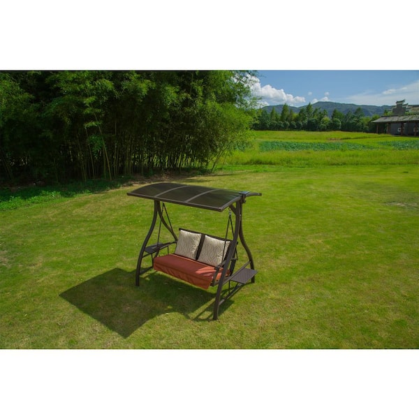 Deluxe 2-Person Metal Patio Swing with Adjustable Canopy, Solar LED Light and 2 Sunbrella Cushions