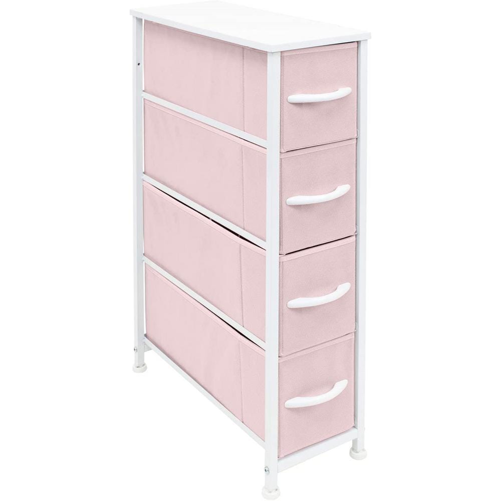 3.1 in. L x 7.48 in. W x 11.762 in. H 4-Drawer Pink Tall Narrow Dresser Steel Frame Wood Top Easy Pull Fabric Bins