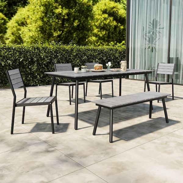 Pellebant 70 in. Gray Aluminum Wood-Like Outdoor Dining Set with Umbrella Hole and 1 Bench 4 Stackable Armless Chairs (6 Pieces)