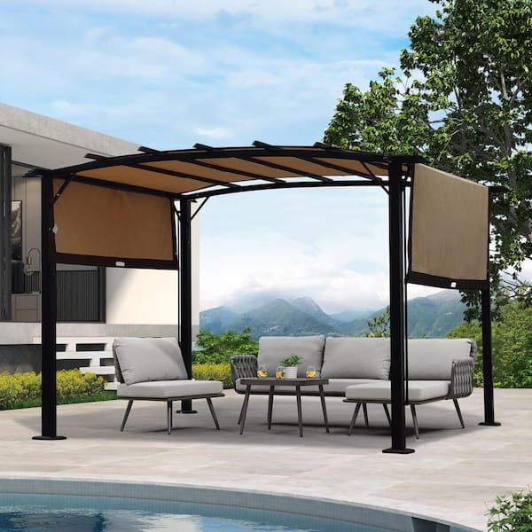 12 ft. x 9 ft. Outdoor Patio Garden Shade Gazebo, Retractable Awning, Steel Frame Grape Gazebo for Backyard-Brown