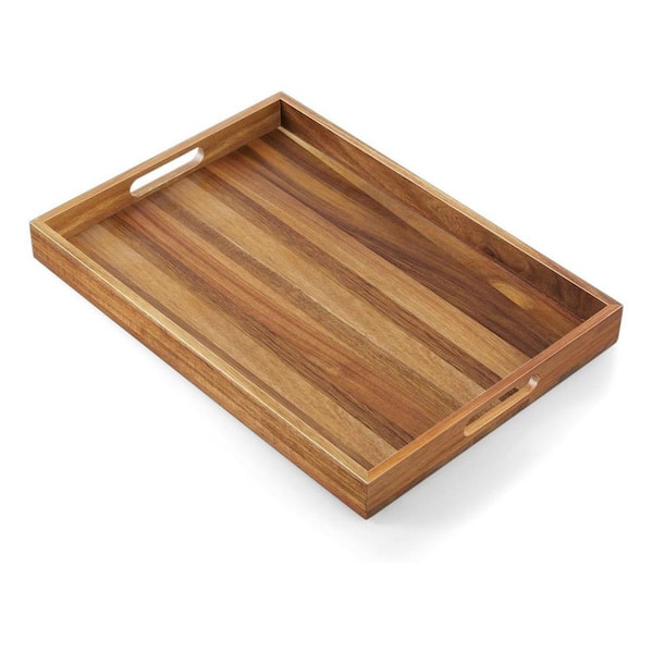 Unbranded Large 17 in. Brown Acacia Wood Serving Tray with Handles