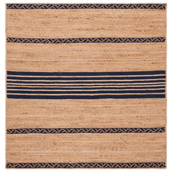 SAFAVIEH Natural Fiber Beige/Navy 6 ft. x 6 ft. Border Woven Square Area Rug