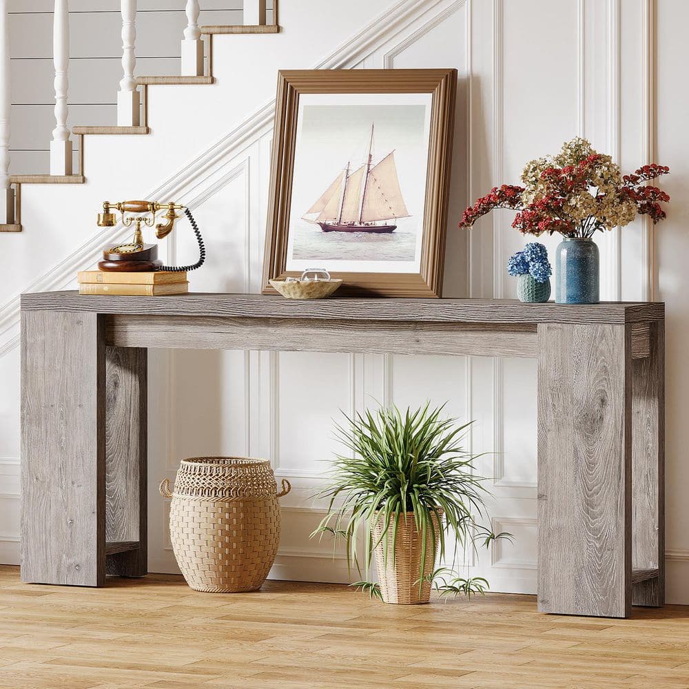 Gray Engineered Wood Farmhouse Console Table with Storage