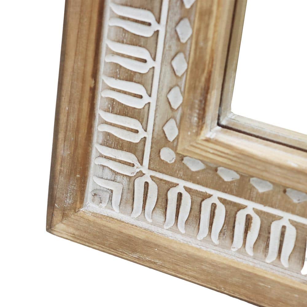 Medium Brown and White Carved Wood Farmhouse Decorative Mirror
