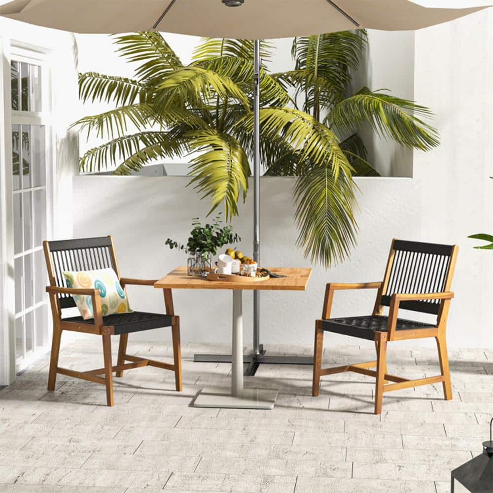 Set of 2 Black Rope Woven Acacia Wood Dining Chairs