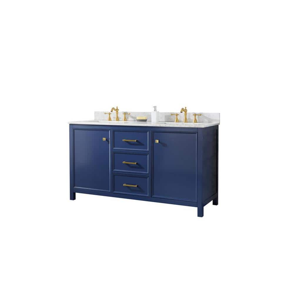 Blue Double Sink Vanity with Carrara Marble Top and Gold Hardware