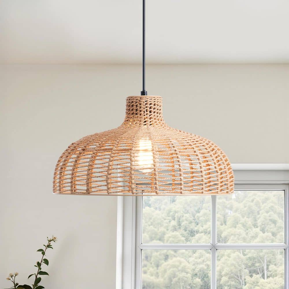 Merra 1-Light Matte Black Boho Pendant Light with Handwoven Hemp