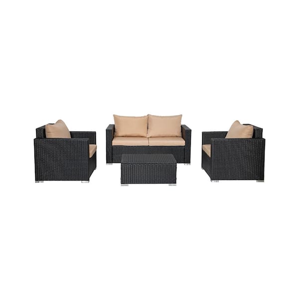 Jenner 4-Piece Contemporary Wicker Patio Conversation Set with Beige Cushions