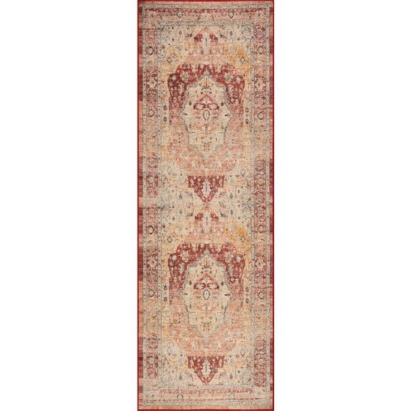 Elarin Traditional Medallion Washable Red 3 ft. x 8 ft. Indoor Runner Rug