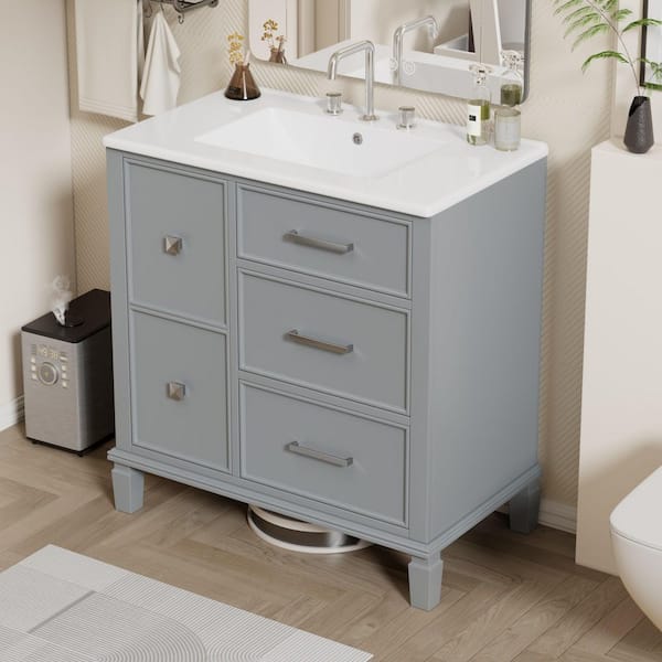 30 in. Single Sink Freestanding Gray Bath Vanity with White Ceramic Top and 5 Drawer Storage Cabinet Unassembled