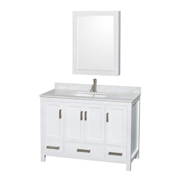 Wyndham Collection Sheffield 48 in. W x 22 in. D x 35 in. H Single Bath Vanity in White with White Carrara Marble Top and MC Mirror