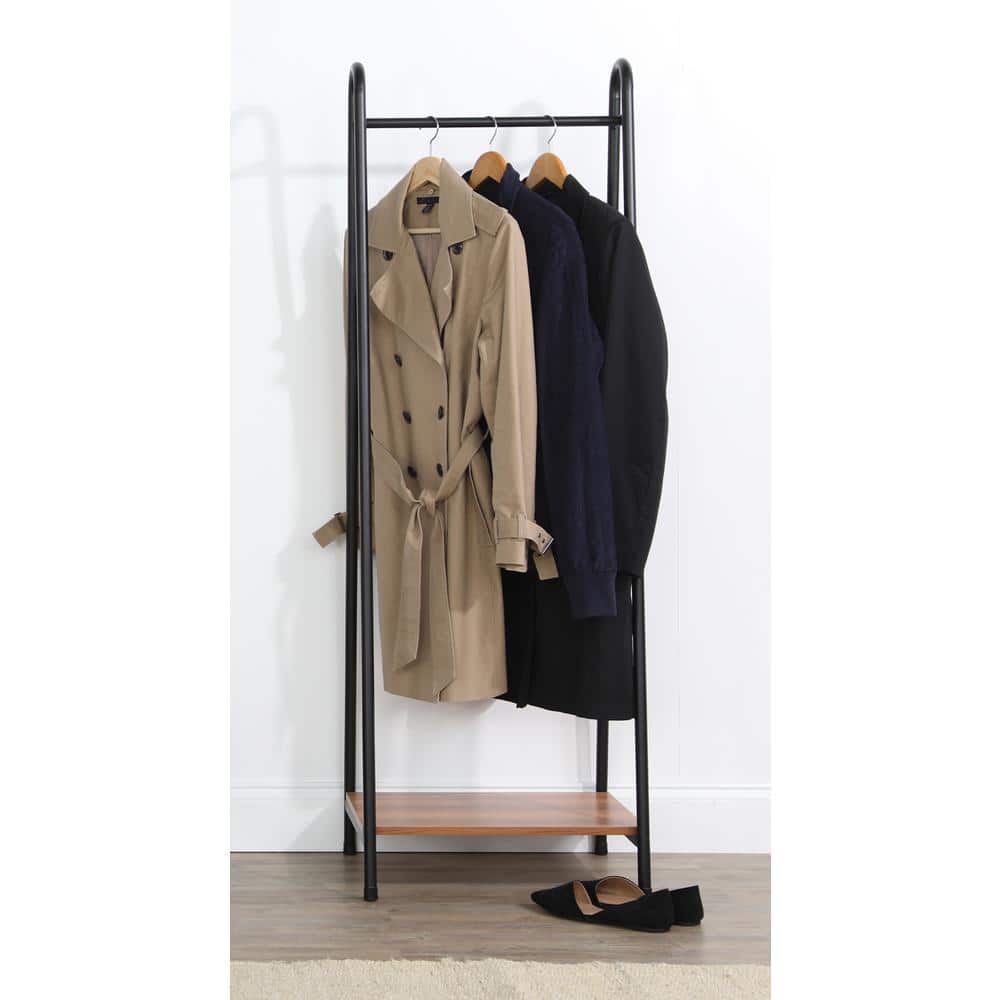 Slim Black Steel Frame Clothing Shelf Rack with Wood Shelf