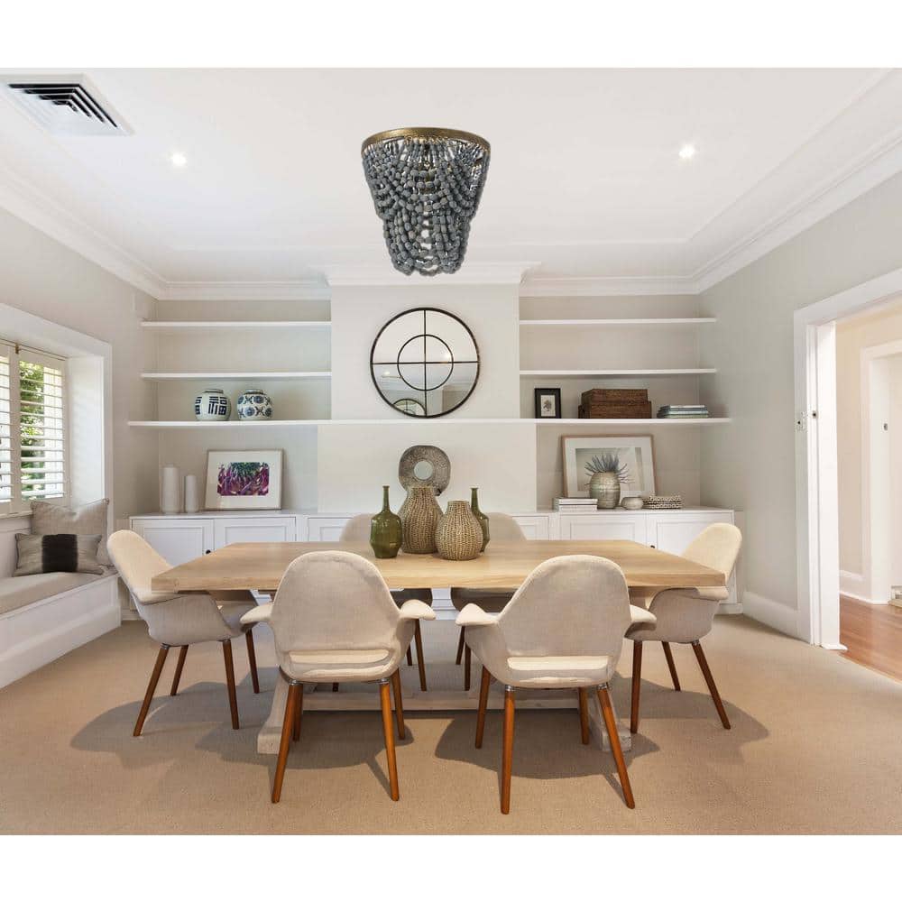 Gold and Grey Wood Bead Semi-Flush Mount Ceiling Light